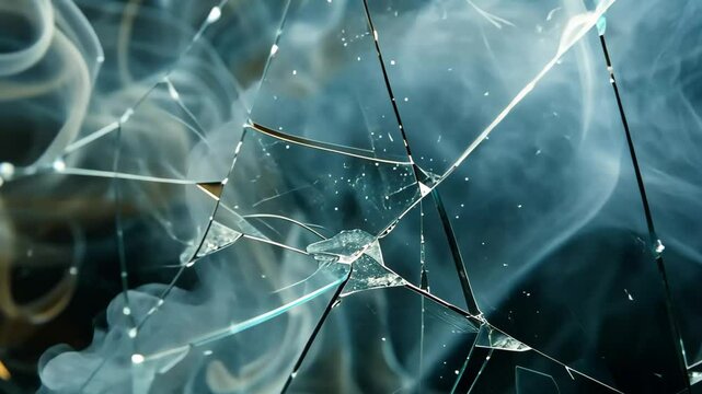 Sharp fragments of broken glass catch light while wisps of smoke curl gracefully around them, creating a striking contrast in an atmospheric setting.