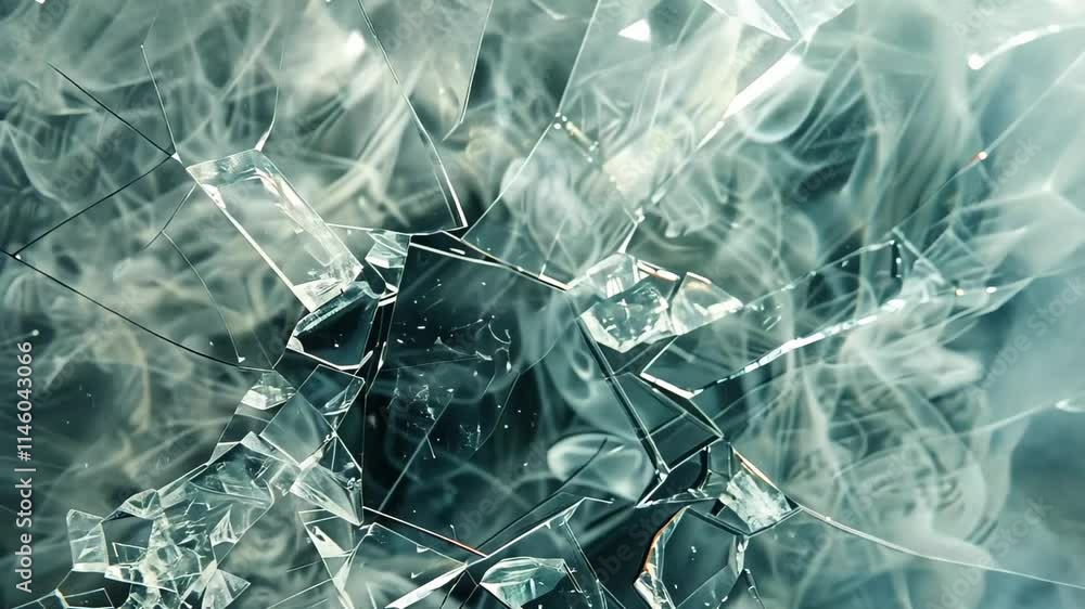 Poster shattered pieces of glass create an intricate pattern while wisps of smoke swirl around them, highli