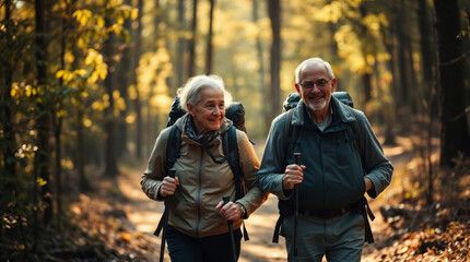 Fototapeta premium elderly couple hiking in a forest