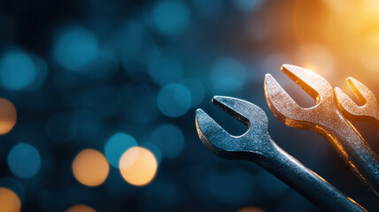 Shiny wrenches displayed with blurred background, showcasing tools