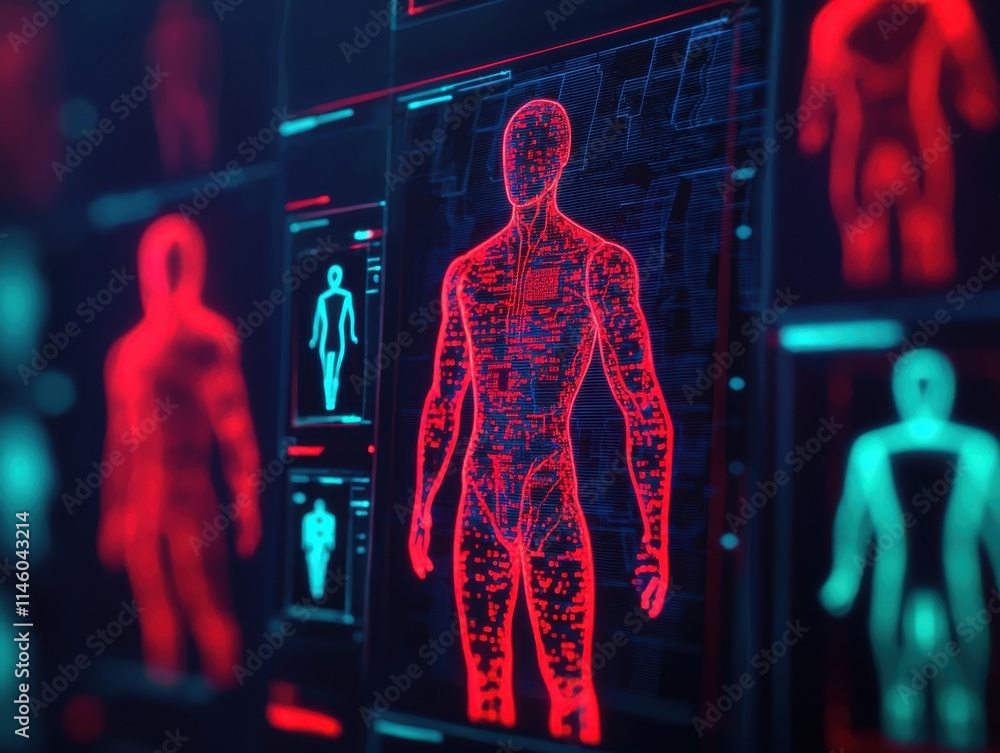 Poster health info records management concept. analyzing human anatomy data visualizations digital lab info