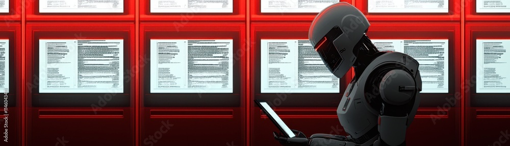 Poster robot analyzing data in futuristic setting cyber environment digital content close-up view technolog