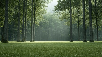 Obraz premium Serene forest glade with sunlit trees and lush grass.