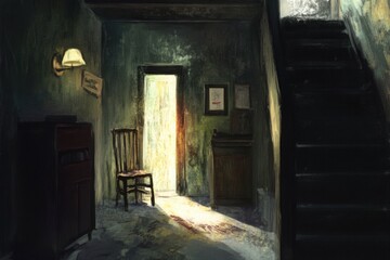 A cozy room with a comfortable chair and stairs leading up to a landing