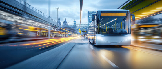 Eco friendly transportation hub with electric bus in urban setting
