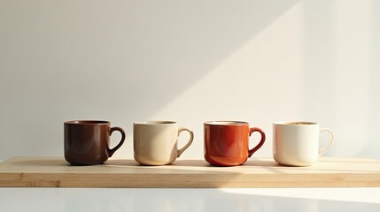 Fototapeta premium A row of four mugs in varying earth tones sits on a light wooden surface, bathed in sunlight
