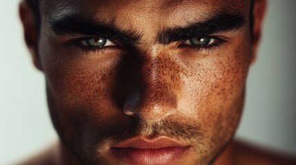 Obraz premium Close-up of a man with smooth, radiant skin, sharp eyebrows, and a neutral expression, focusing on the fine details of his face.