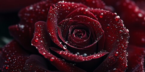 Close up of a dark red rose adorned with glistening water droplets, showcasing the intricate details and vibrant hues of the dark red rose, perfect for floral themed imagery.