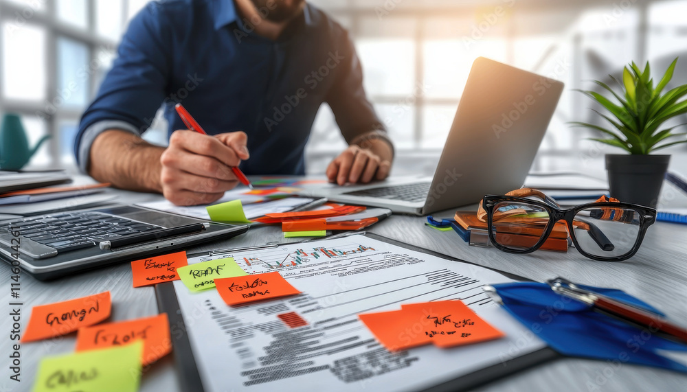 Aufkleber entrepreneur working in dynamic workspace with documents and technology