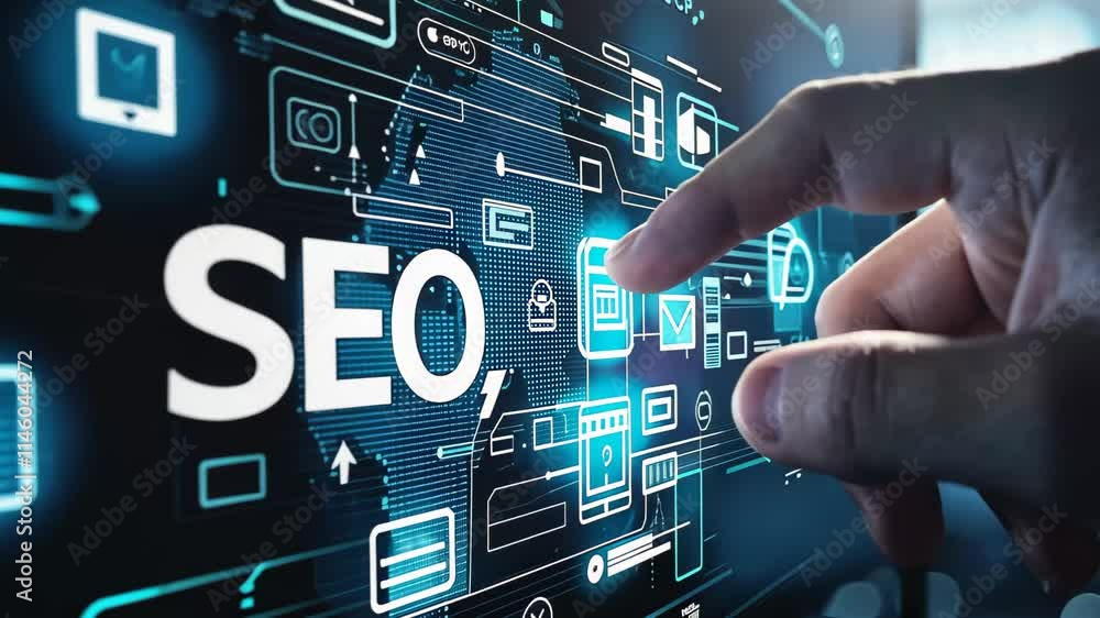 Poster a hand points at a digital interface that displays various seo metrics and analytics, emphasizing th