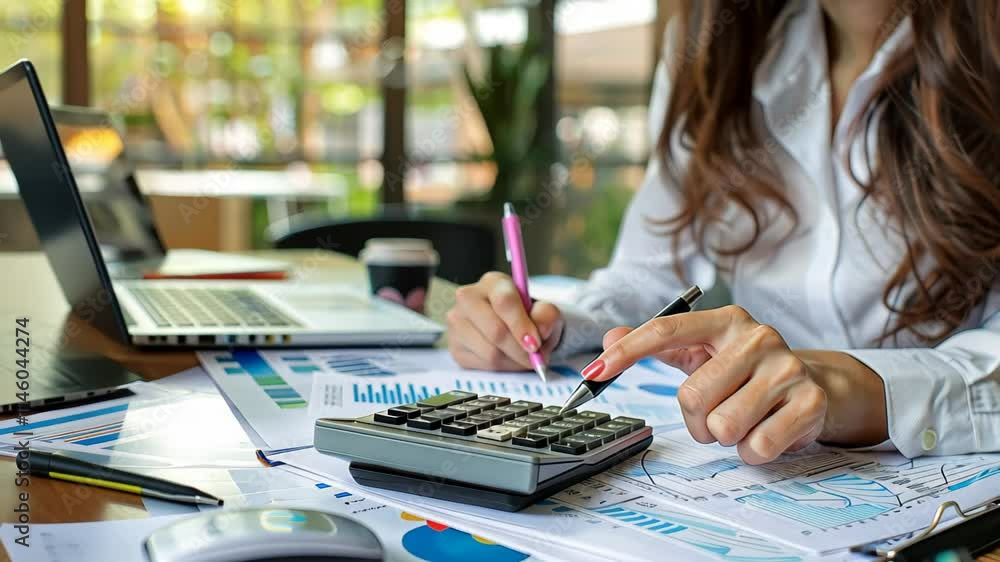 Poster a business professional is focused on financial analysis, using a calculator and reviewing documents