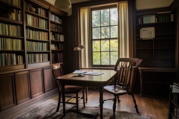A table and chairs in a cozy study space with a bookshelf filled with books
