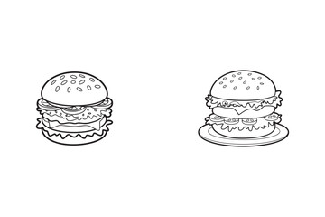 Set of Vector Cartoon Hand Drawn Crispy Chicken Burger With Mayo Tomato Cheese Mustard And Lettuce Line Art