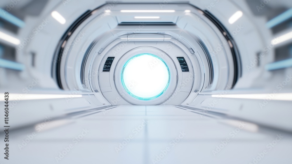 Poster exploring futuristic space tunnel sci-fi environment digital art high-tech design immersive perspect