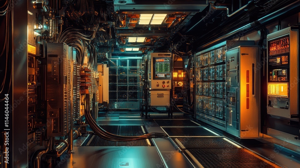 Poster futuristic data center with intricate wiring and advanced technology, illuminated in warm orange and