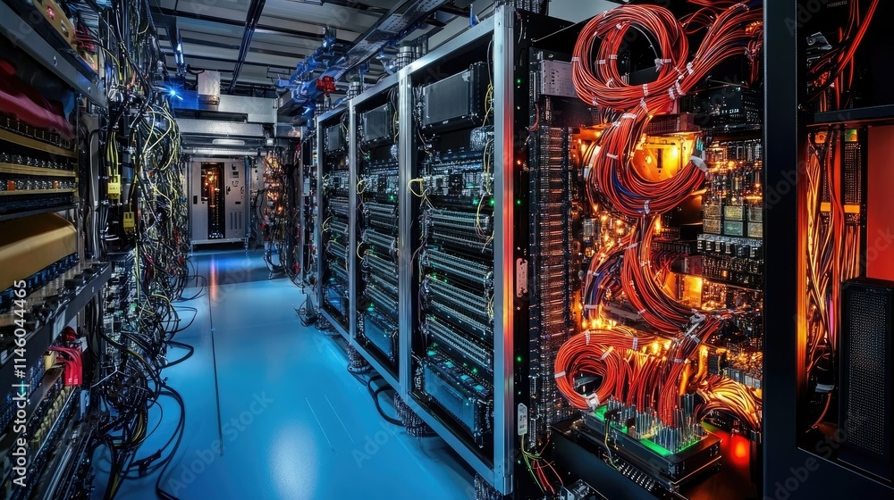 Poster high-tech data center with glowing equipment and colorful cables capturing the essence of modern com