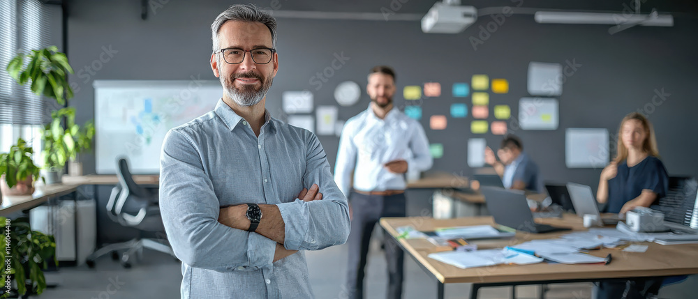Poster professional workspace with smiling man and colleagues collaborating