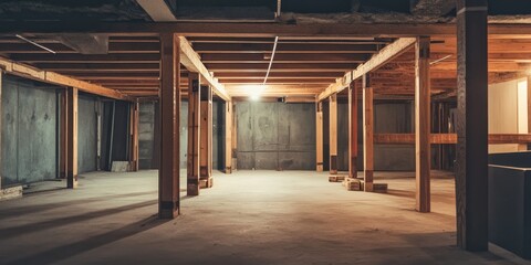 Wooden frameworks can be seen inside an unfinished basement of a house, showcasing the wooden structures that define the layout and design of the basement area.