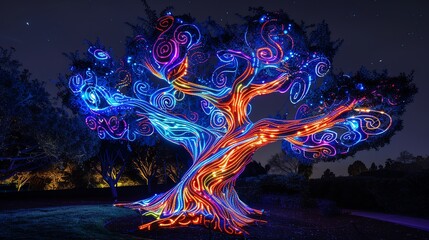 Obraz premium Illuminated tree with vibrant light painting swirls at night.