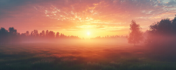 Amazing Sunrise Over Misty Landscape. Scenic View Of Foggy Morning Sky With Rising Sun Above Misty Forest. Middle Summer Nature Of Europe. Panorama, Panoramic Shot.