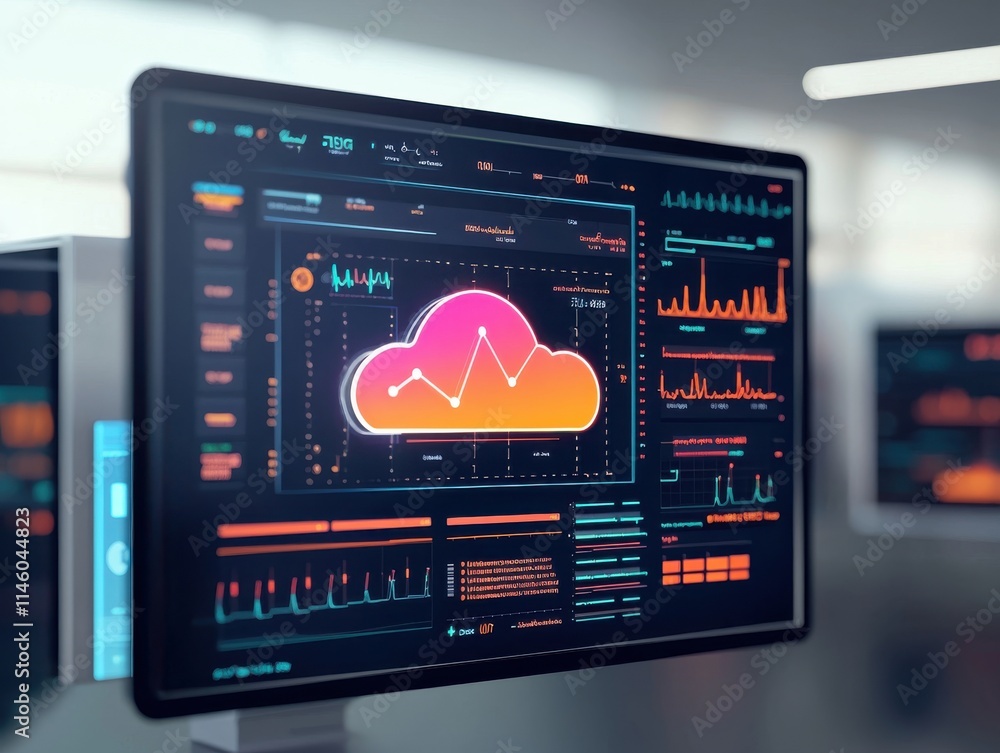 Poster data visualization dashboard displaying analytics insights office digital interface modern workspace