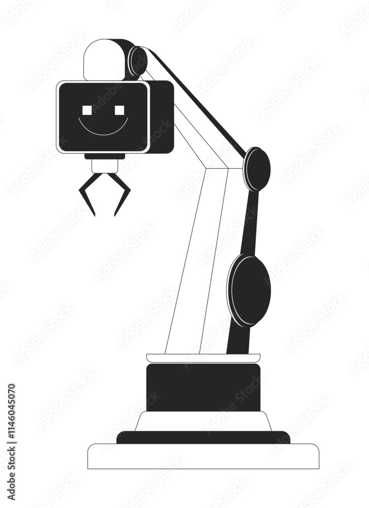Poster ai robotic arm with gripper black and white 2d line object. factory automation. artificial intellige