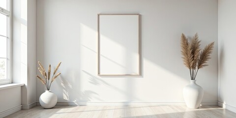 Minimalist Interior Design Mockup with Blank Frame and Pampas Grass