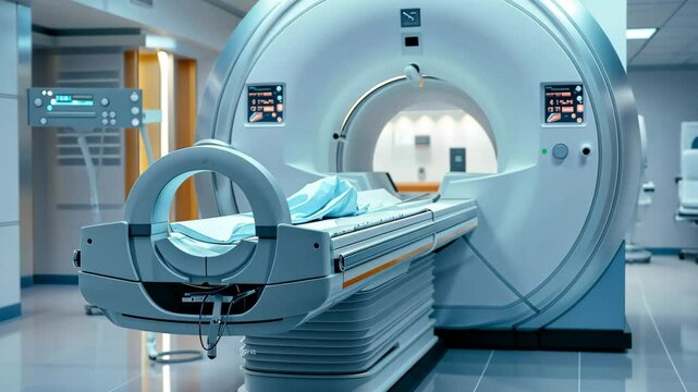 A well-lit hospital room features a CT scan machine prepared for patient use, highlighting advanced technology in medical diagnostics and care.