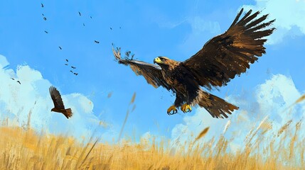 Majestic Golden Eagle Soaring Over a Vibrant Field with Smaller Birds in a Bright Sky, Capturing the Essence of Freedom and Wildlife in Stunning Detail