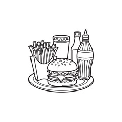 Black and white line art poster fast food soda burger fries hot dog. Coloring book page for adults and kids. Comfort unhealthy food vector illustration for gift card