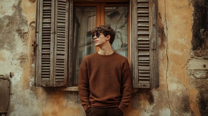 Young Man Wearing Brown Sweater Stands By Old Window