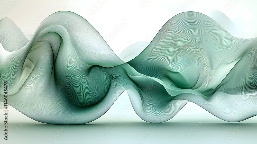 Poster an abstract wave of soft green and white tones flowing gracefully, creating a serene and soothing vi