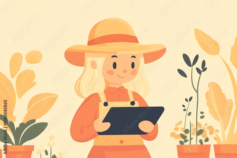 Poster flat style character managing a smart farming dashboard on a tablet