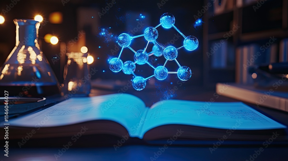 Poster a stunning visual representation of molecular structure overlaid on an open book in a dimly lit labo
