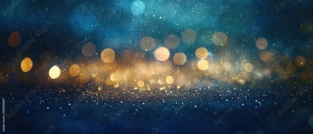 Poster abstract background of glittering lights in gold and blue tones with beautiful bokeh effect for vari