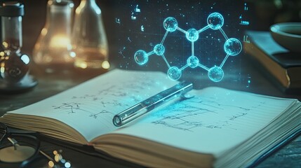 Modern Chemistry Concept with Open Notepad, Pen and 3D Molecular Structure Overlay Against a Dark Background, Perfect for Educational and Scientific Themes