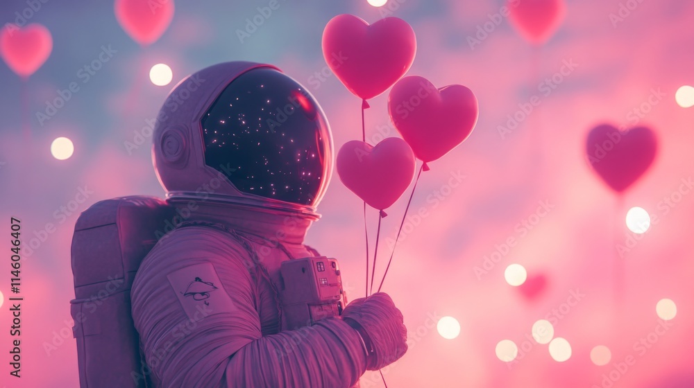 Poster An astronaut stands in a whimsical, colorful background filled with floating hearts. The scene blends elements of space and romance, conveying a sense of joy and wonder in an otherworldly setting.