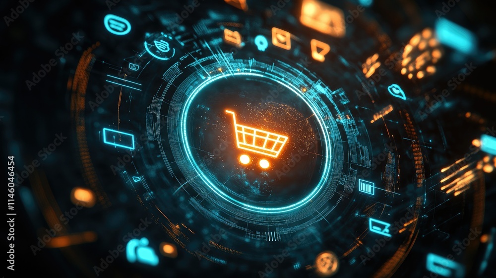 Poster futuristic shopping cart interface with neon elements and data circuits, representing e-commerce tec