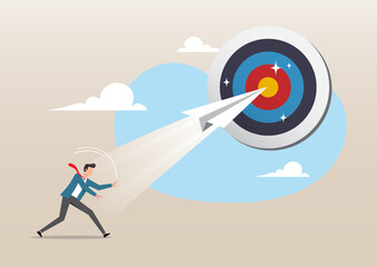 businessman launching paper plane origami flying through dartboard or archer bullseye target