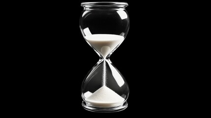 Time measurement concept represented by an hourglass with white sand flowing against a dark background