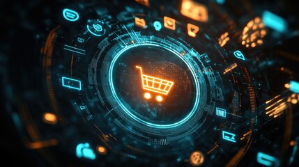 Futuristic Shopping Cart Interface with Neon Elements and Data Circuits, Representing E-commerce Technology and Digital Transactions in a High-Tech Environment