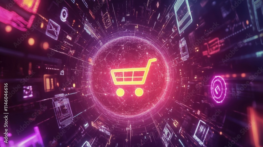 Poster vibrant digital shopping cart interface with colorful neon lines and data visualization elements ref
