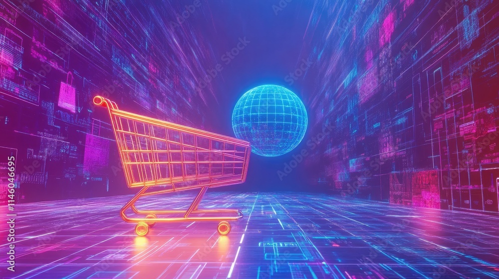 Poster Futuristic Shopping Cart in a Digital Space with Glowing Elements Representing E-Commerce and Global Connectivity