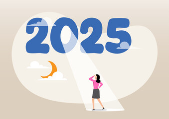 Year 2025 with bright spotlight from number zero light up on hopeful businesswoman