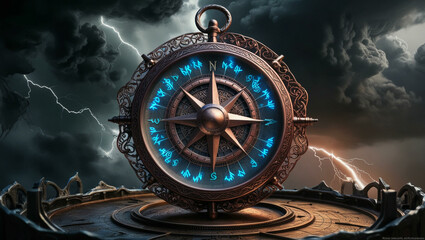 A steampunk-inspired compass with glowing runes glows vividly against rolling storm clouds.