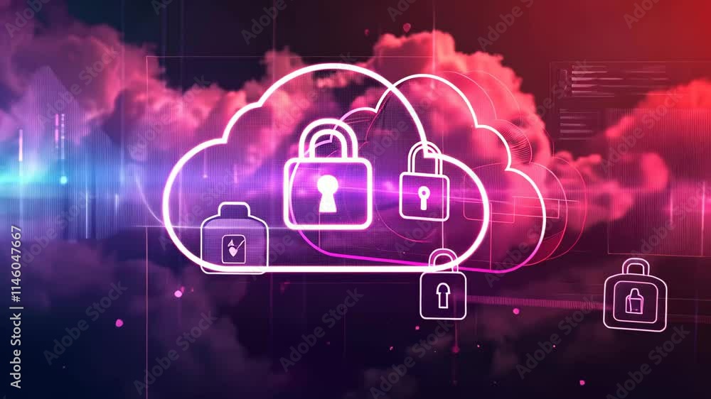 Poster a cloud representing digital storage is adorned with a lock symbol, illuminated by vibrant colors am