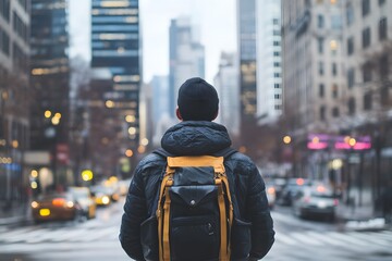 Fototapeta premium Urban Explorer Man with Backpack in City Street