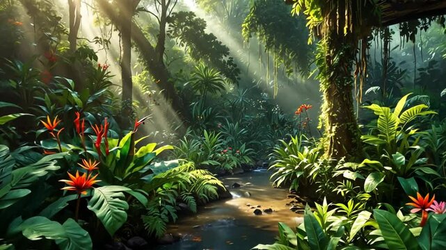 view of river and waterfall in tropical forest with trees