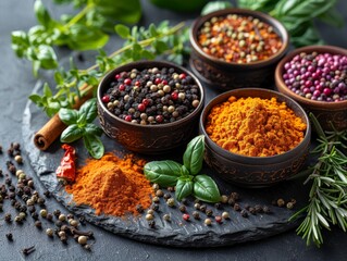 Organic Spices Spread on Slate with Fresh Herbs and Ingredients