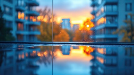 Reflection of city buildings in a puddle of water